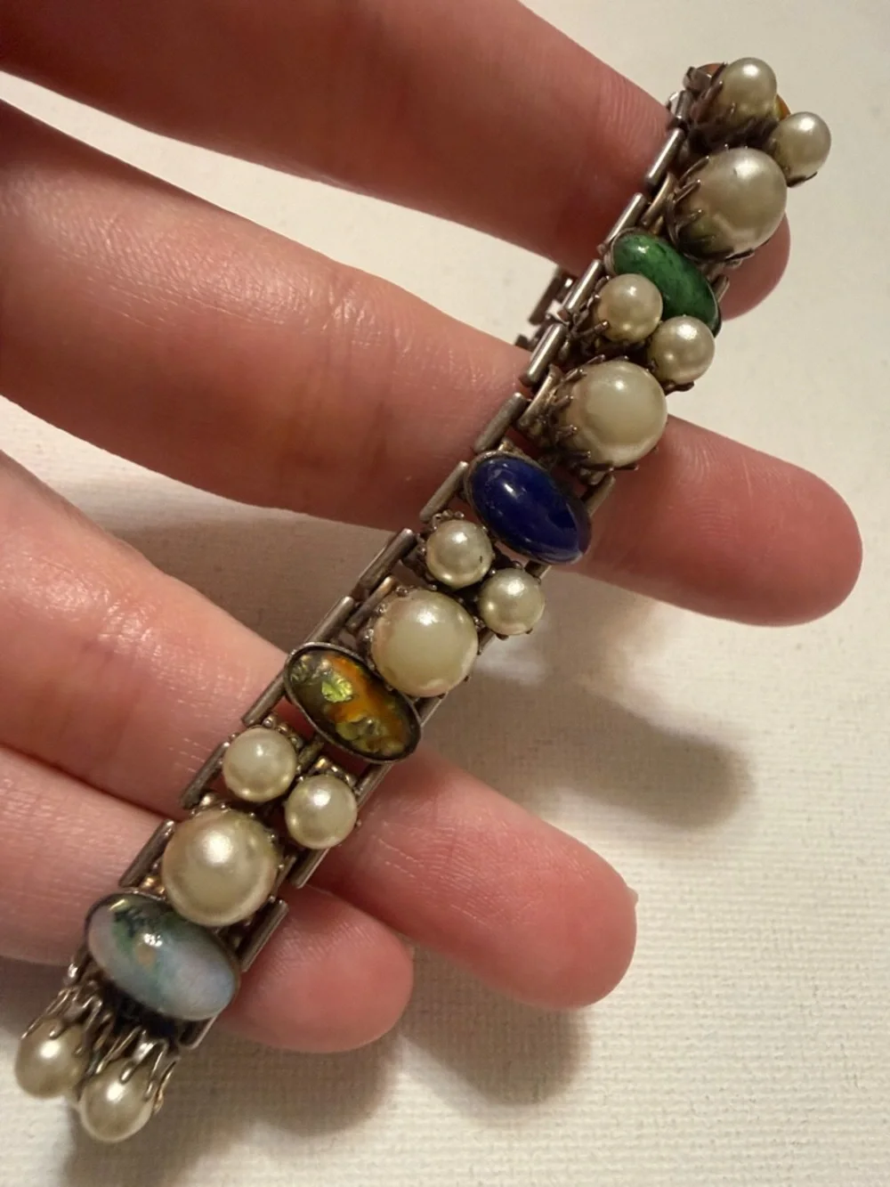 Elegant Antique Rare Multi-Color Faux Pearl and Cabochon Stretch Bracelet